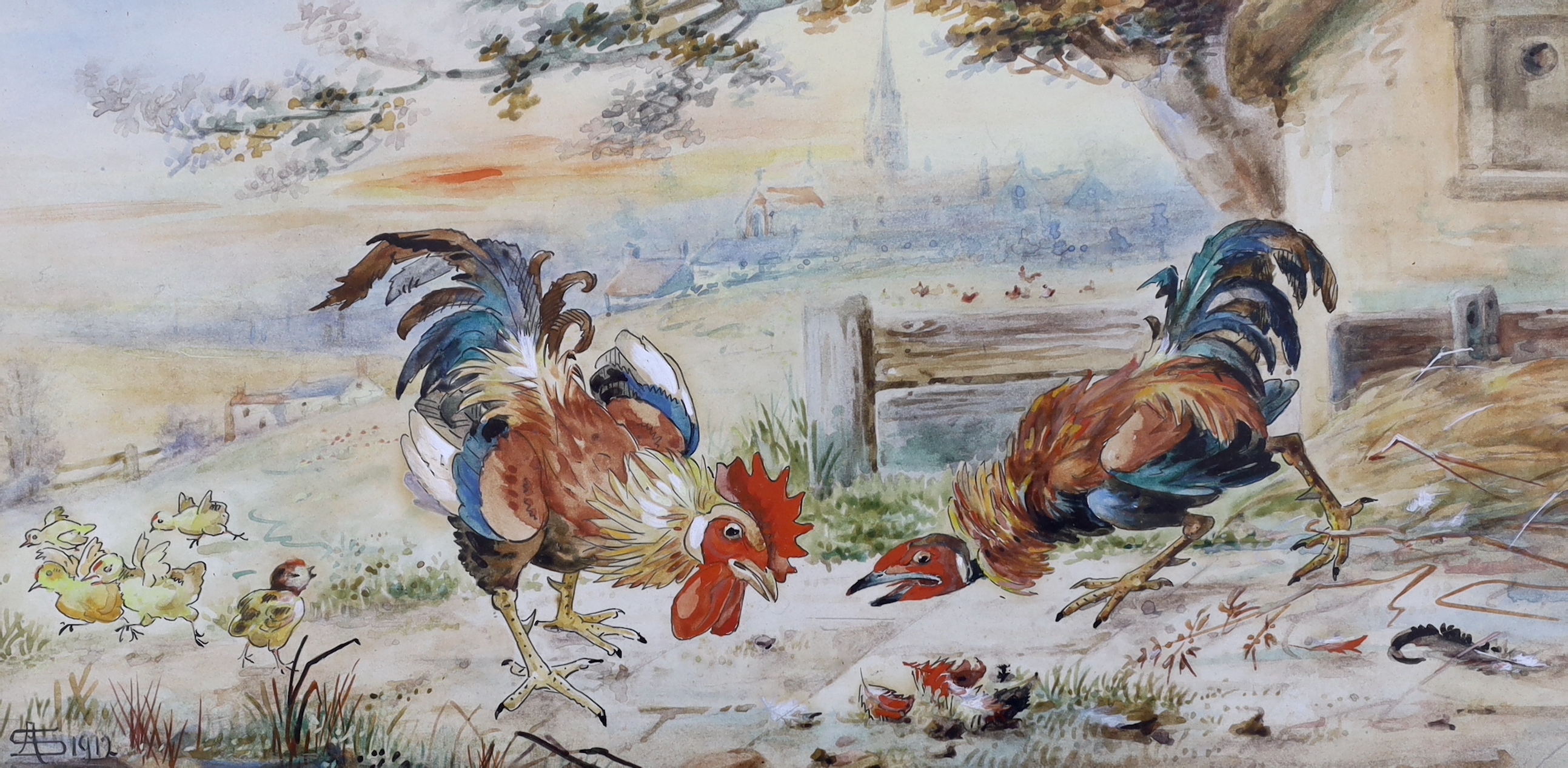 Early 20th century, watercolour, Fighting cockerels, monogrammed A.S. and dated 1912, 29 x 15cm